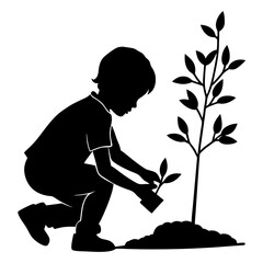 Silhouette of a child planting a young tree, Earth Day celebration 
