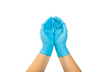 Medical nitrile gloves isolated on white background. Surgical latex gloves. Rubber gloves production. Doctor or nurse putting on protective gloves. Medicine concept. Sterility, protection.