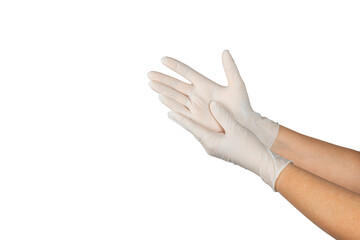 Medical nitrile gloves isolated on white background. Surgical latex gloves. Rubber gloves production. Doctor or nurse putting on protective gloves. Medicine concept. Sterility, protection.
