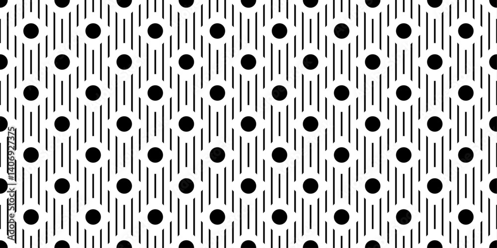 Poster The image showcases a repeating geometric pattern in black and white. It features a grid of evenly spaced black circles, each surrounded by a series of vertical black lines.