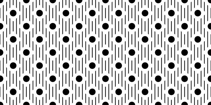 The image showcases a repeating geometric pattern in black and white. It features a grid of evenly spaced black circles, each surrounded by a series of vertical black lines.