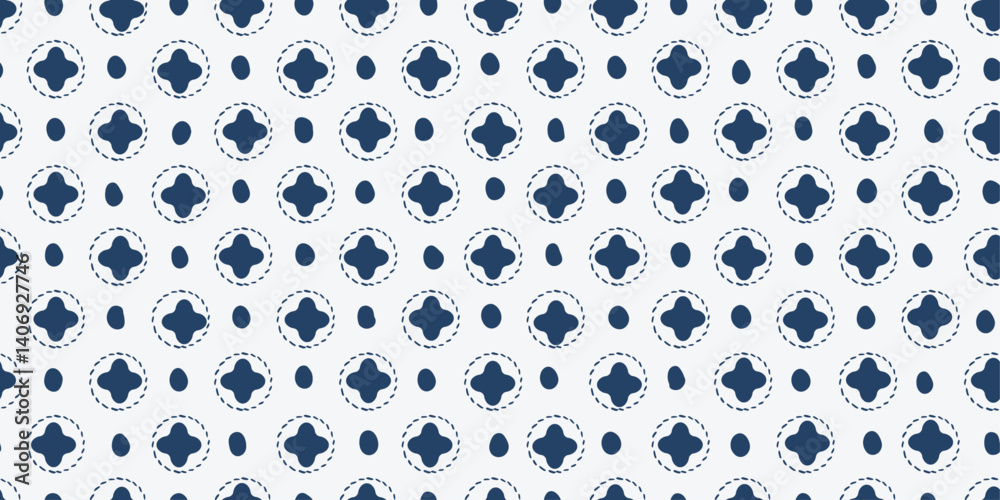 Poster The pattern consists of two main elements: four-pointed crosses enclosed in dashed circles and irregular blue circles. The crosses are slightly rounded and have a slightly textured appearance.