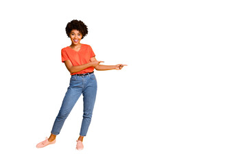 Copyspace full length body size photo of nice charming pretty sweet girl black presenting you something proposing wearing t-shirt jeans denim isolated with yellow vivid color background