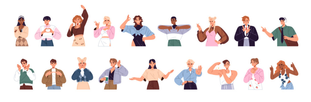 People communicate with hand gestures set. Men and women show different nonverbal expressions: thumbs up, OK. Characters are pointing finger. Flat isolated vector illustrations on white background