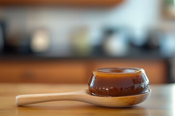 Amber-hued liquid dessert in a wooden spoon.