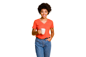 Photo of attractive cheerful cute nice charming trendy black girlfriend wearing denim jeans holding cup of coffee while isolated over yellow vivid color background