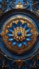 Obraz premium Ornate Blue & Gold Floral Phone Wallpaper Circular Relief with Central Gem & Intricate Petals | HD Elegant Design
