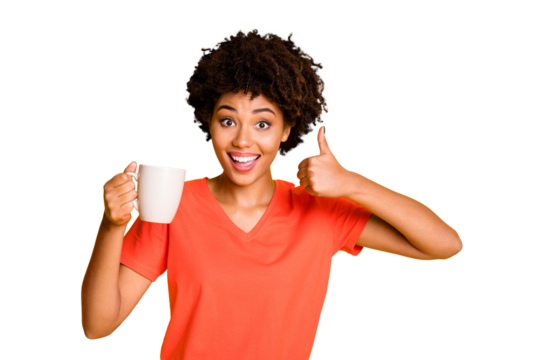 Photo of cheerful curly wavy trendy charming cute nice sweet black lady recommending you to taste new sort of coffee thumbing up isolated over vivid color background
