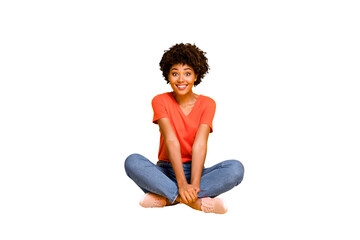 Full length body size photo of curly cheerful funny cute sweet nice pretty african woman sitting on...