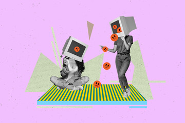 Exclusive artwork banner creative collage of two anonym girl guy instead head pc monitor pressure...
