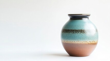 Teal, brown, and black striped ceramic vase on white background.
