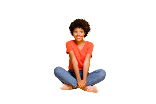 Full length body size photo of curly cheerful funny cute sweet nice pretty african woman sitting on floor with her legs crossed wearing jeans denim isolated voer bright color background