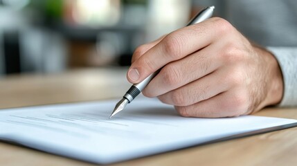 A close-up view of a person's hand poised to sign a document, symbolizing important decisions in a professional setting.