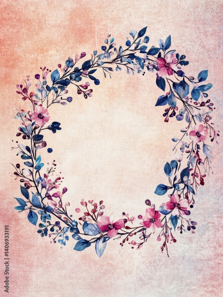 Poster wreath of tiny flowers and berries on a soft textured background in lapki illustration style capture