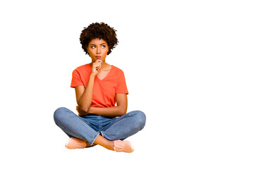 Full length body size photo of pensive solving deciding minded girlfriend sitting with her legs...