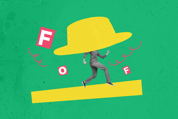 Contemporary artwork image collage of anonym man wear hat headless run shopping sale rush creative path on green background