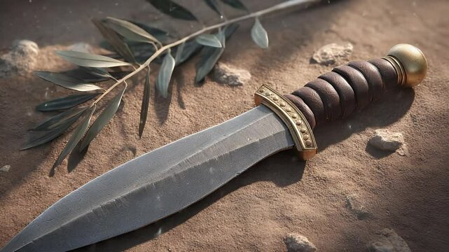 A dagger lays on parched earth. An olive branch sits off to the side. Close up shot of the bronze knife