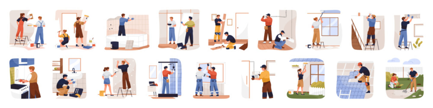 Set of different home repair businesses. Workers fix house, plaster and paint walls, install windows, lay tiles, parquet, plumbing. Building maintenance. Flat isolated vector illustrations on white