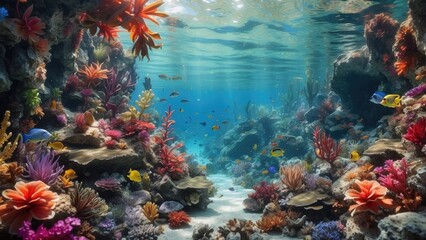 A vibrant composition of tropical leaves in shades of yellow, orange, and red, set against a soft, blurred blue background