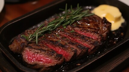 Sizzling steak on a cast iron skillet with rosemary, garlic, and melted butter on top