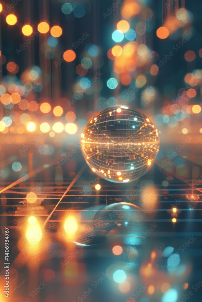 Poster abstract visualization of light sphere with colorful bokeh background