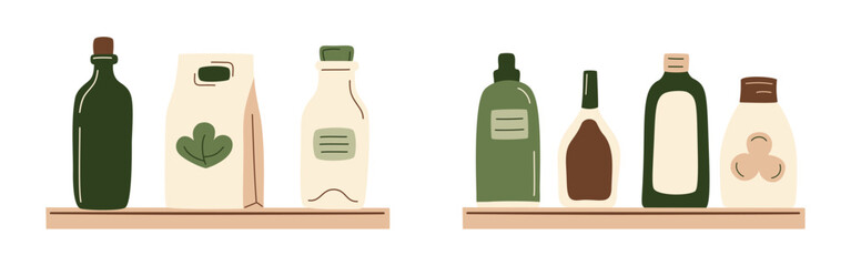 Bottles products set, drinks, milk, juice in package, oil, sauce, paper bag on shelf in a row from supermarket. Zero-waste packaging for eco-friendly design. Vector illustration in organic flat style.