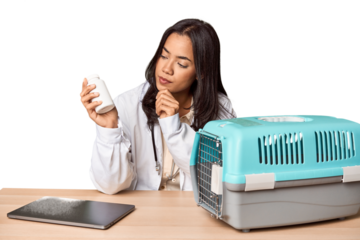 Young Filipino vet with laptop and carrier, caring