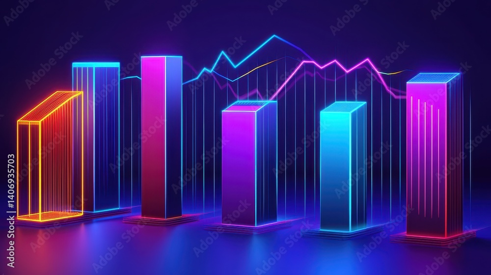 Poster vibrant neon colorful bar graph with data visualization elements