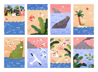 Obraz premium Set of postcard designs with tropical island landscapes. Cards with hand drawing exotic plants, palm tree, houses on beach of the ocean. Sea travel, summer vacation trip. Flat vector illustrations