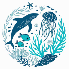Cute cartoon vector illustration of fish and fishes, marine animals in underwater ocean life pattern design