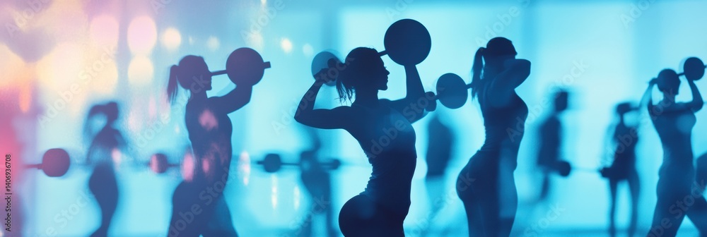 Poster dynamic silhouettes of fitness enthusiasts lifting weights in a vibrant gym setting during an energe