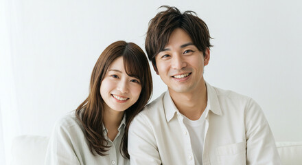 笑顔で寄り添う若い男女のカップル。友達、パートナー、恋人、結婚、新婚イメージ。