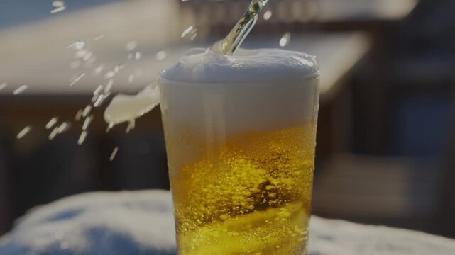 A glass of beer is sitting on a table. The glass is half full and the beer is foamy