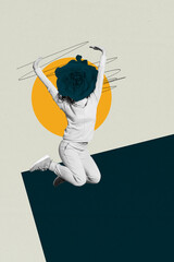 Trend image collage of person with flower face jumping on pastel color background