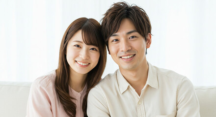 笑顔で寄り添う若い男女のカップル。友達、パートナー、恋人、結婚、新婚イメージ。