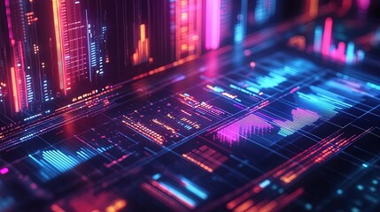 A futuristic isometric chart displaying multi-level business data in neon tones