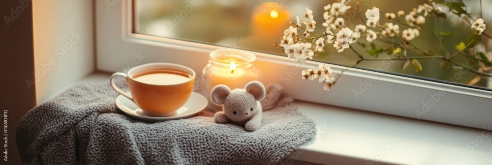 Poster cozy window sill with tea, candle, and mouse plushie creates a peaceful atmosphere in the soft after