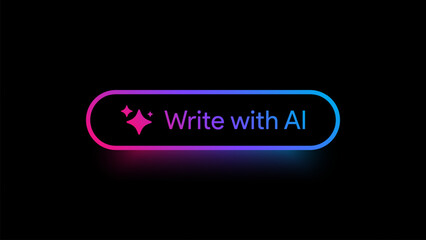Write with AI button. Rewrite prompt pushbutton. Generate artificial intelligence toggle. LLM magic stars logo. Machine learning text generator. Chatbot assistant. UI design. Vector illustration. 