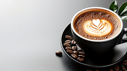 A stylish black coffee cup filled with a creamy cappuccino sits on a matching black saucer