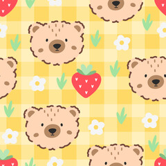 Kawaii bear Seamless pattern with gingham bg. Cute pastel vector design for baby textiles, wrapping paper, and children clothing