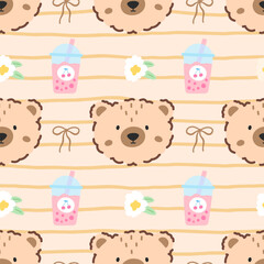 Kawaii Seamless pattern berry and bubble tea in pastel colors. Vector bg for Valentine Day, children clothing, nursery items, and wrapping paper