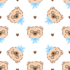 Cute teddy bear vector seamless pattern with kawaii style. Bg for nursery textiles and children clothing and textile prints