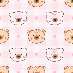 Kawaii bear seamless pattern featuring berry and gingham in a cozy style. Ideal for textile, wrapping, and baby-themed products