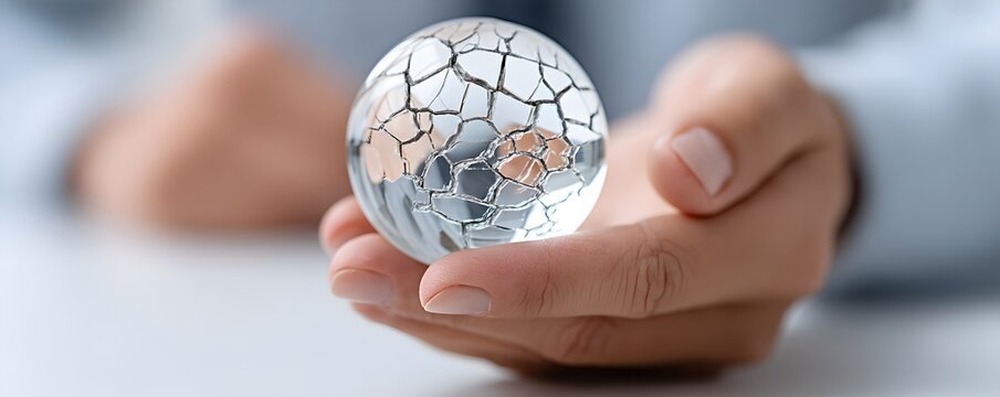 Financial consultant examining a cracked glass orb with erratic tech stock graphs, symbolizing uncertainty.