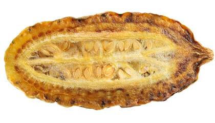 cross section of dried cucumber with visible seeds close-up macro on isolated background for herbal medicine and dehydrated vegetable ingredient
