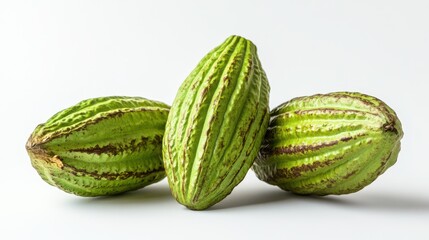 Fresh green cacao pods on white background