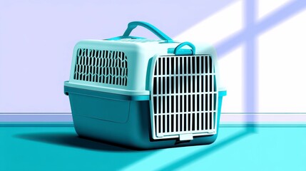 Light Blue Plastic Pet Carrier in Sunlit Room