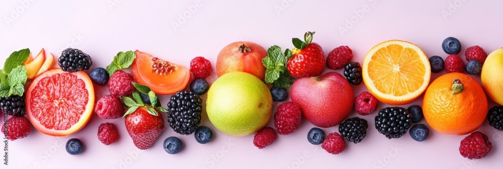 Poster vibrant arrangement of fresh fruits and berries on a soft pastel background creating a clean minimal