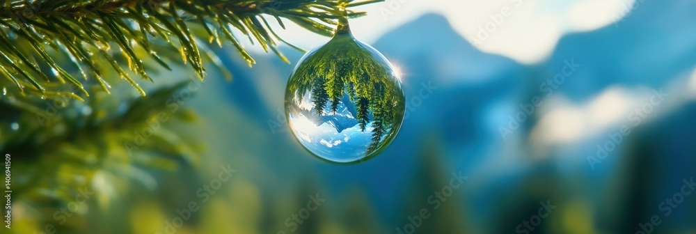 Aufkleber reflective droplet showcasing a mountain and forest landscape in vibrant colors with precise macro d