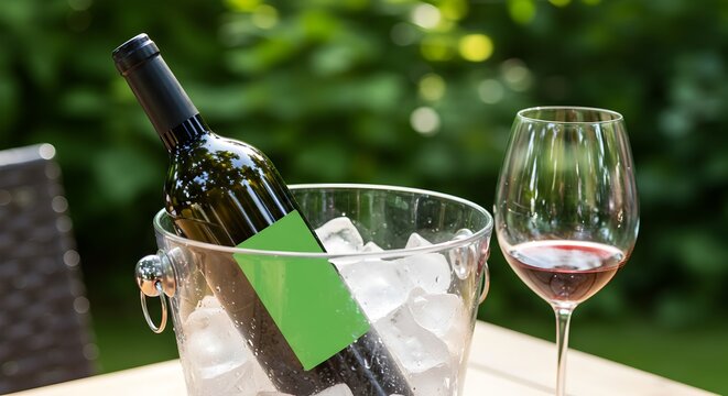 Chilled red wine bottle in ice bucket with glass on outdoor table, enjoying life